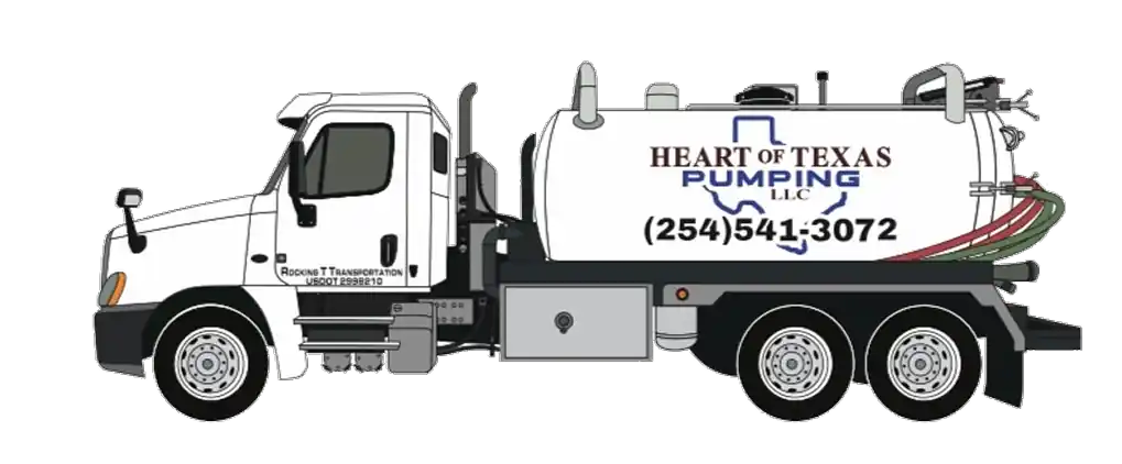 White tanker truck with 'Heart of Texas Pumping LLC' logo and phone number.